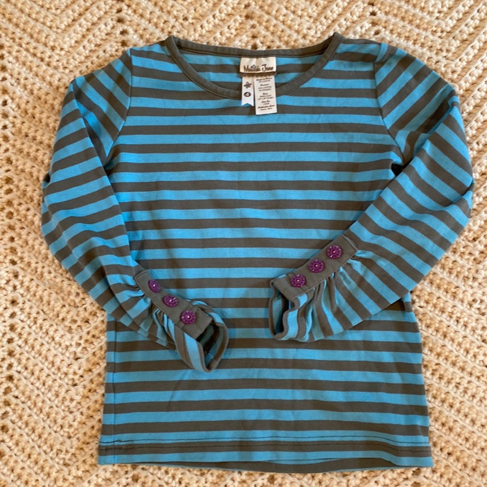 Matilda Jane size 4 striped blue and brown long sleeve T shirt.